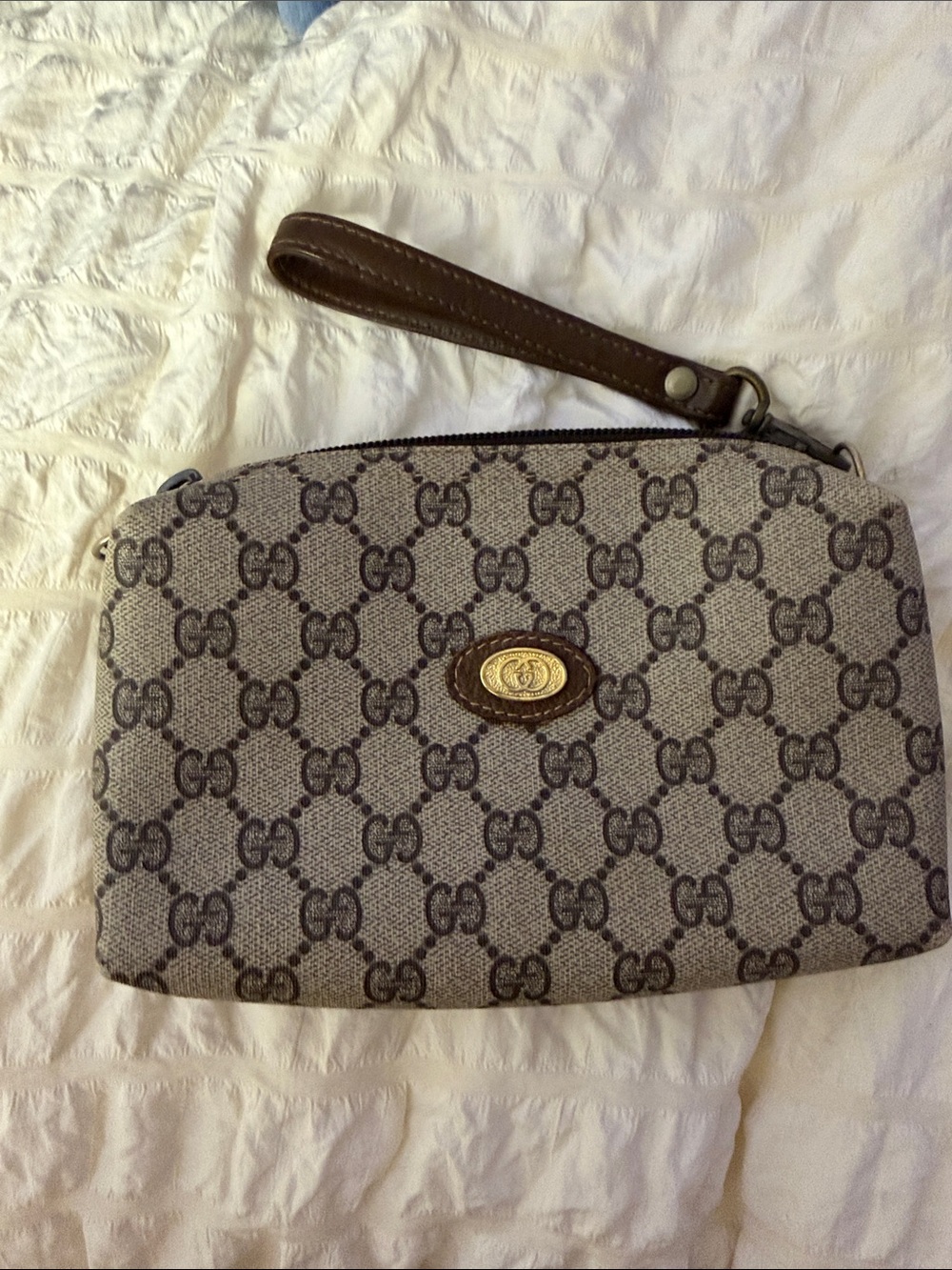 Gucci Beige GG Monogram Wristlet with Brown Trim